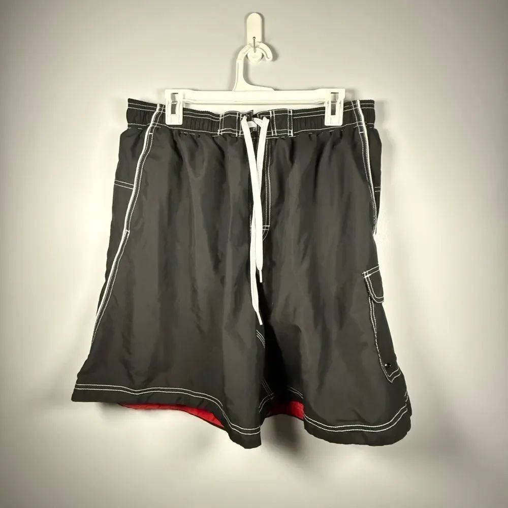 Speedo Men Short Extra Large Black Striped 100% Polyester Lace Up Swim Trunks